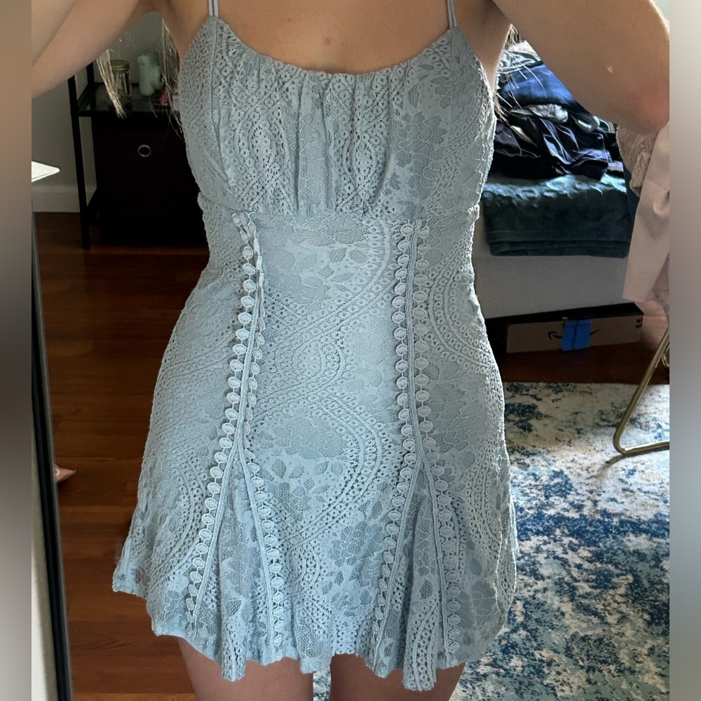 Blue eyelet lace mini dress
